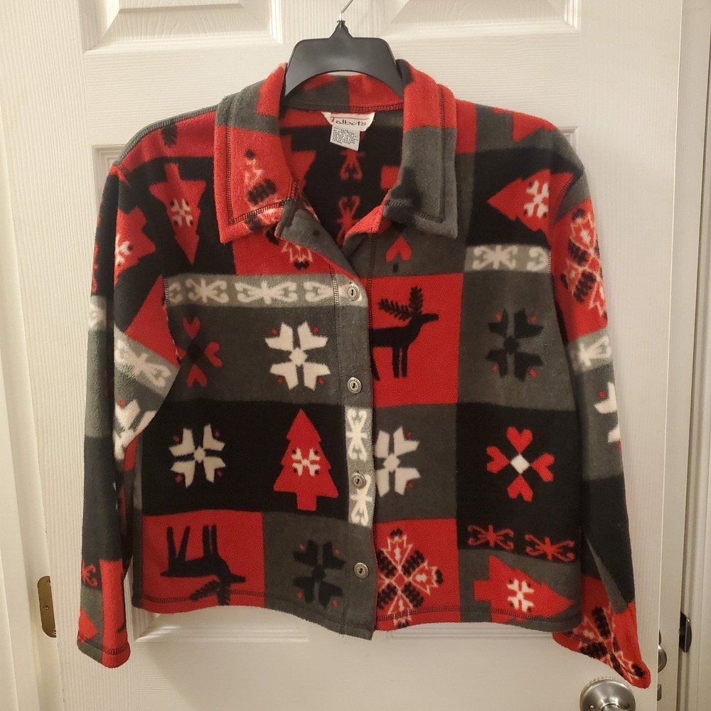 VTG Talbots M‎ Christmas Holiday buttonup fleece Cardigan Tree Snowflake Festive
